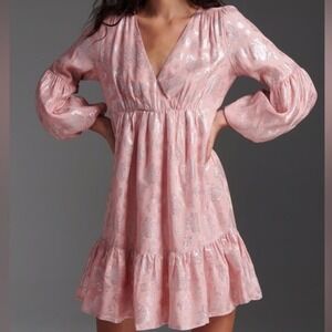 Anthropologie Jolene Pink Metallic Jacquard‎ V-Neck Balloon Sleeve Mini Dress M